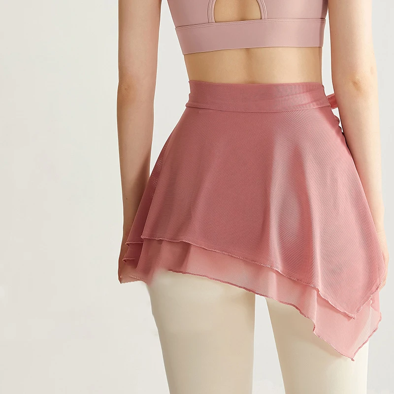 Falda envolvente de Ballet de malla para mujer, falda asimétrica de patinaje sobre bufanda, tutú de baile de Color sólido para Ballet y Yoga, antiexposición