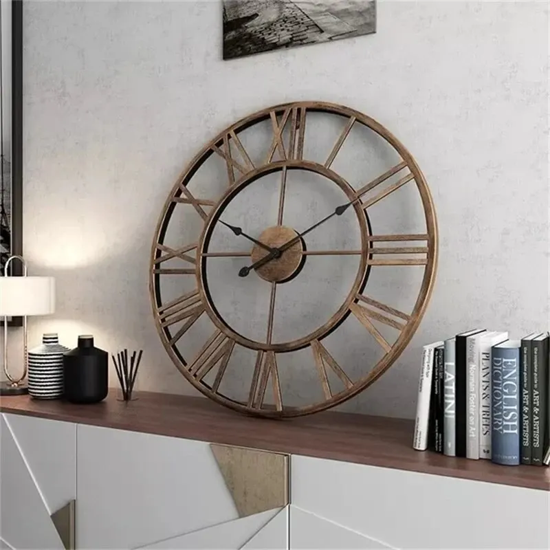 Relojes de pared grandes 3D modernos, números romanos, Retro, redondo, Metal, hierro, preciso, silencioso, adorno colgante nórdico, decoración para sala de estar