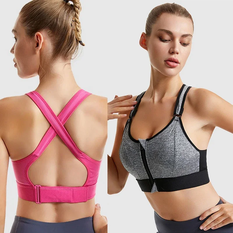 Aiithuug-Sujetador de Yoga cruzado con tiras y cierre frontal para mujer, Sexy, acolchado, a prueba de golpes, sin costuras, deportivo, para gimnasio