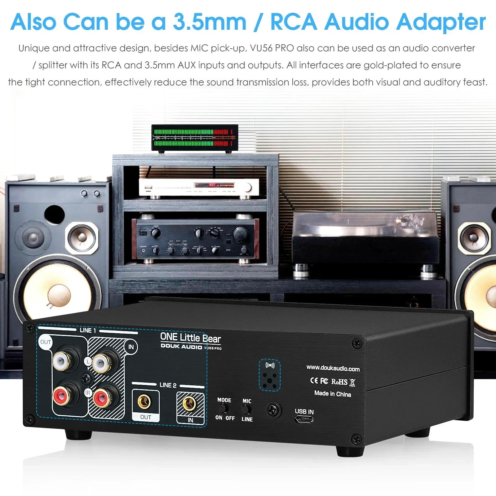 Douk Audio-medidor de nivel de sonido LED de doble canal, micrófono + línea, visualización de espectro de música, divisor de Audio estéreo, adaptador RCA de 3,5mm