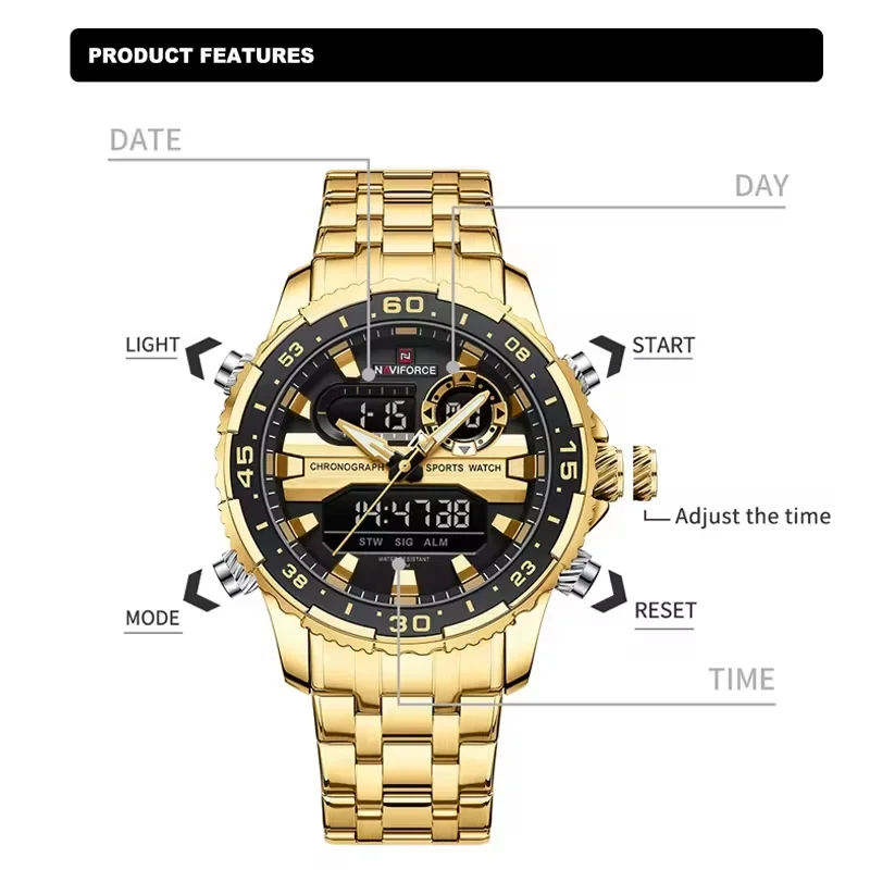 NAVIFORCE marca de moda reloj de oro negro para hombre relojes de pulsera de cuarzo de lujo a la moda correa deportiva de acero inoxidable resistente al agua NF9234