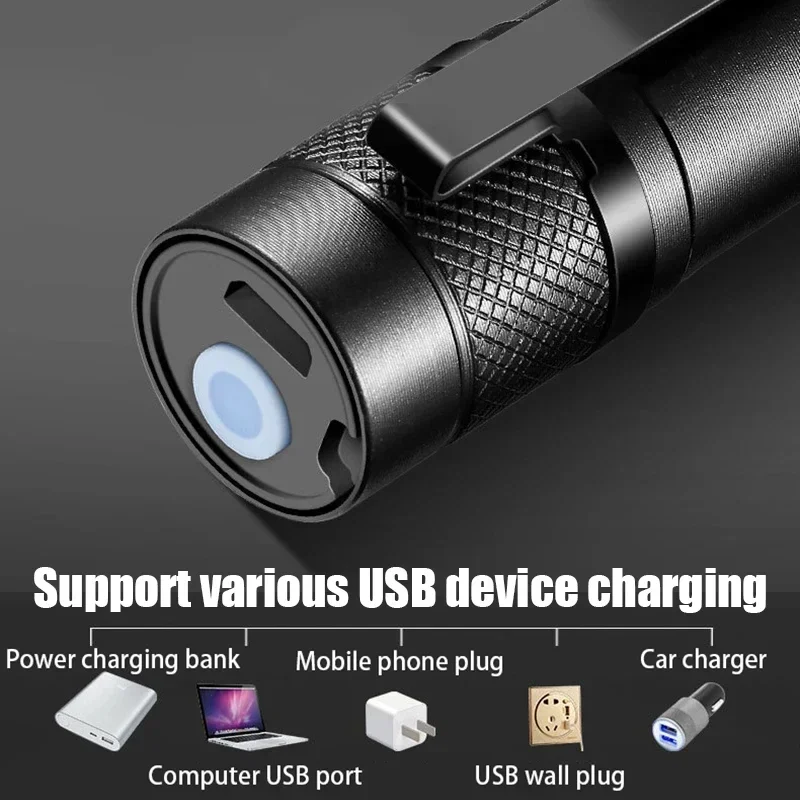 Minilinterna LED portátil, luz COB con Zoom telescópico, recargable por USB, táctica, para acampar, senderismo, linterna de emergencia, 1-6 uds.