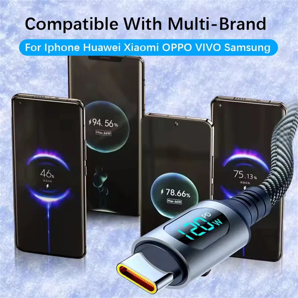 Cable de Carga Superrápida NNBILI 6A USB A a Tipo C de 120W, Cable de Datos de Nailon para Huawei POCO Samsung con Pantalla Digital LED