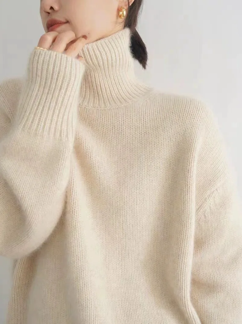 Otoño e Invierno nuevo suéter de lana merina de 100% jersey de punto de cuello alto para mujer tops casuales sueltos de talla grande
