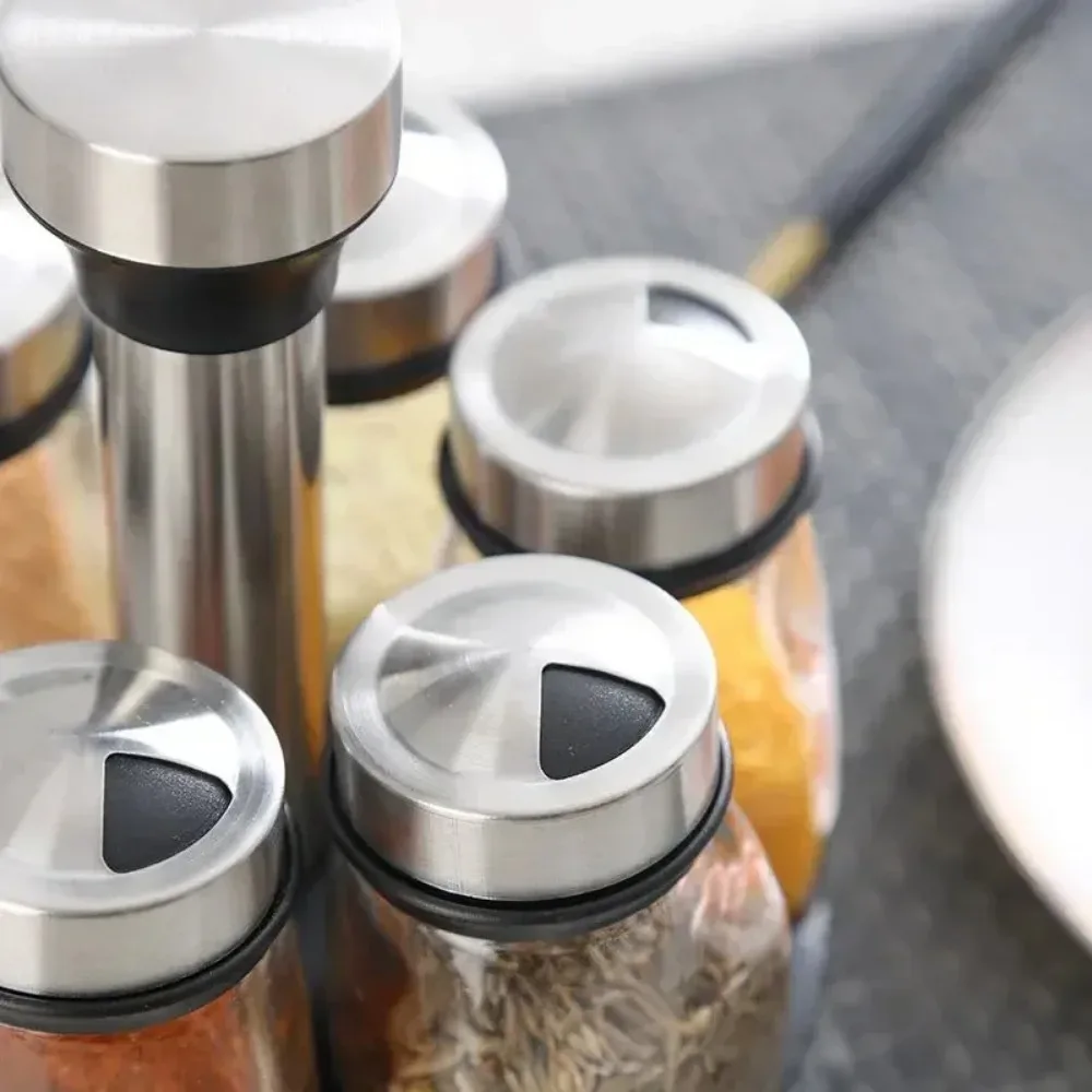 Juego de tarros de especias, estante organizador de vidrio giratorio para condimentos, botellas de azúcar y pimienta, salero, estante de almacenamiento de cocina, 7 Uds.