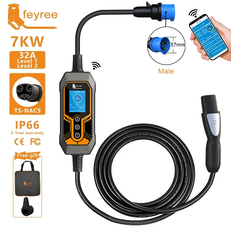 Cargador de Vehículos Eléctricos Feyree, Wallbox TS-NACS, Enchufe de 32A, 7KW, Monofásico, Control por Aplicación, Caja de Carga Portátil EVSE para Autos Tesla Modelos 3/Y/S/X