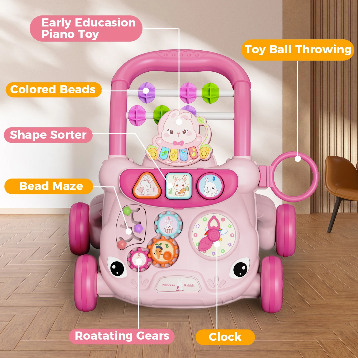 Andador para Bebés con Centro de Actividades Musicales, Andador Multifuncional de Aprendizaje con Diseño de Dibujos Animados para Niños y Niñas de 18 Meses o Más