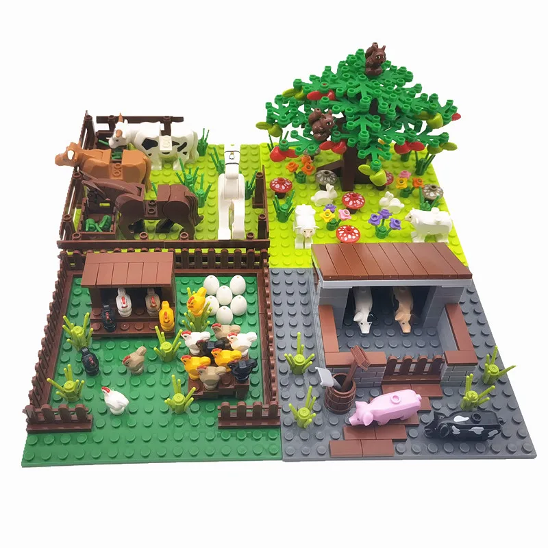 MOC-bloques de construcción de animales de granja para niños, Juguetes clásicos compatibles con bloques, placa Base, Juguetes para niños