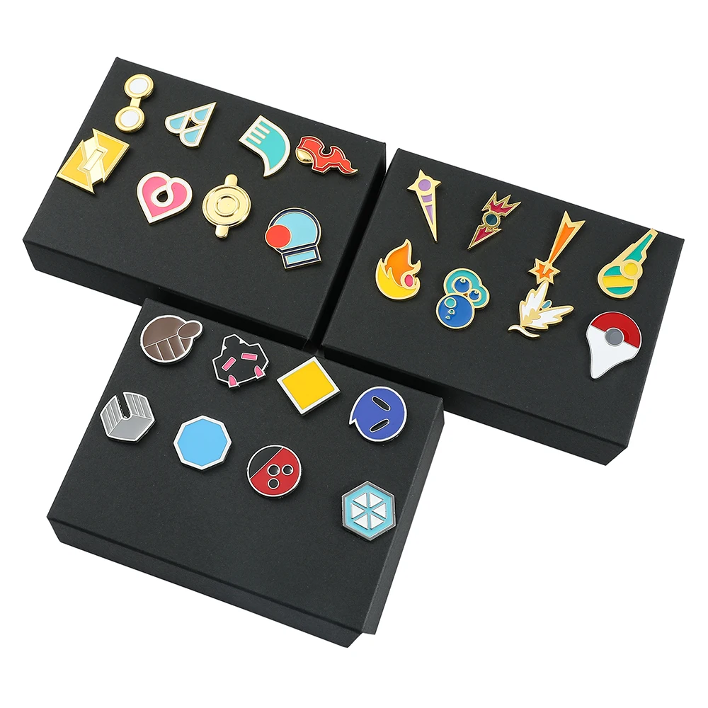 Set de 8 pines de esmalte de anime para gimnasio, broches de solapa de esmalte duro coloridos, insignias de entrenador, caja de regalo coleccionable para mochila