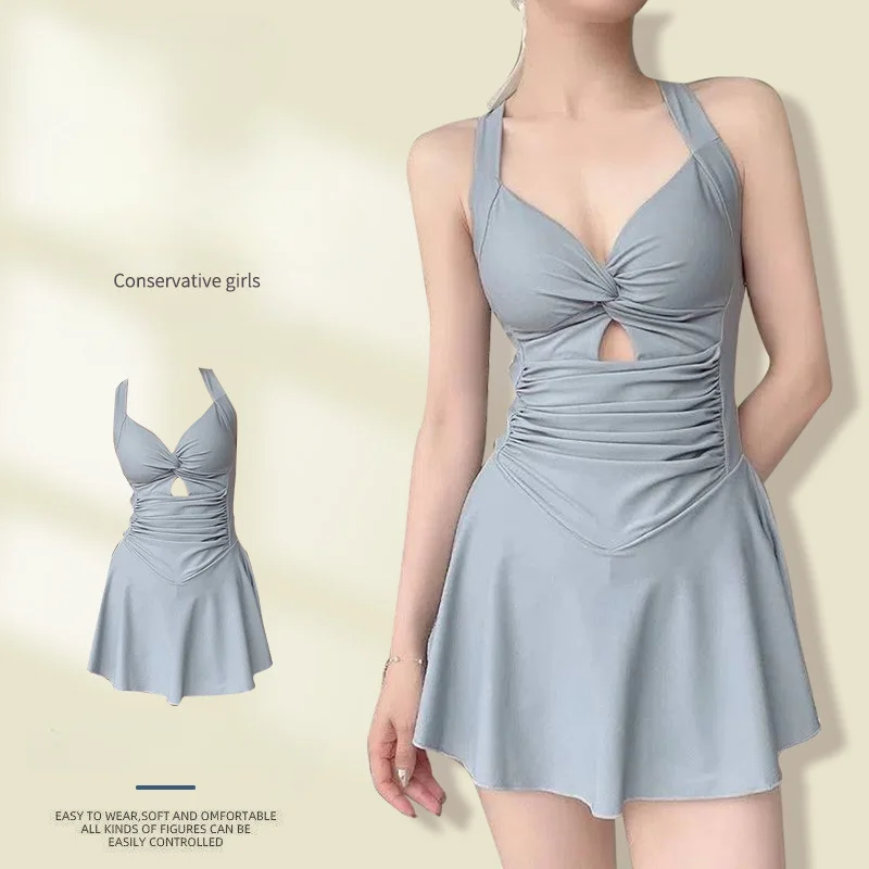 Traje de baño para mujer, Color sólido, adelgazante, vestido de una pieza, estilo conservador, ajuste de cintura, traje de baño adelgazante para vacaciones
