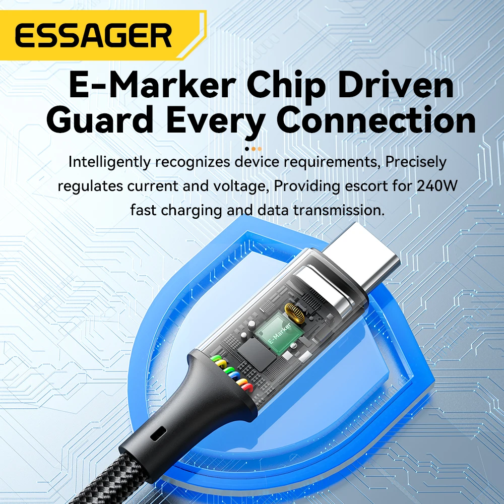 Essager 240W USB tipo C a USB C Cable para Macbook iPad Samsung Huawei PD Cable de carga rápida 5A E-Marker Chip USB C rápido