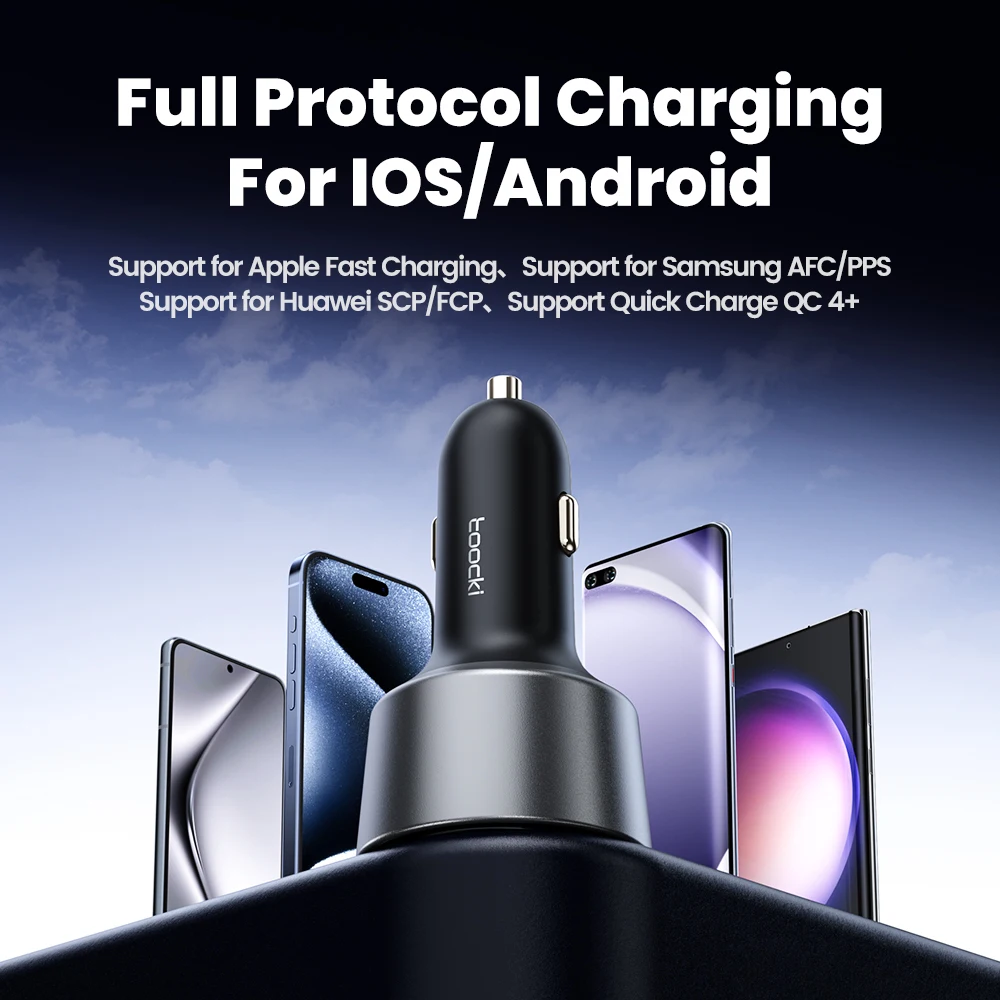 Toocki 200W cargador de coche USB tipo C QC 4,0 PPS 45W PD 100W carga rápida USB C cargador de teléfono de coche para iPhone 16 15 Samsung Macbook