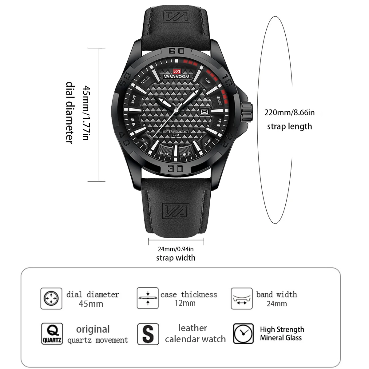 VA VA VOOM, reloj de pulsera deportivo informal con calendario de cuarzo militar para hombre, reloj de pulsera de cuero de negocios resistente al agua para hombre, reloj Masculino