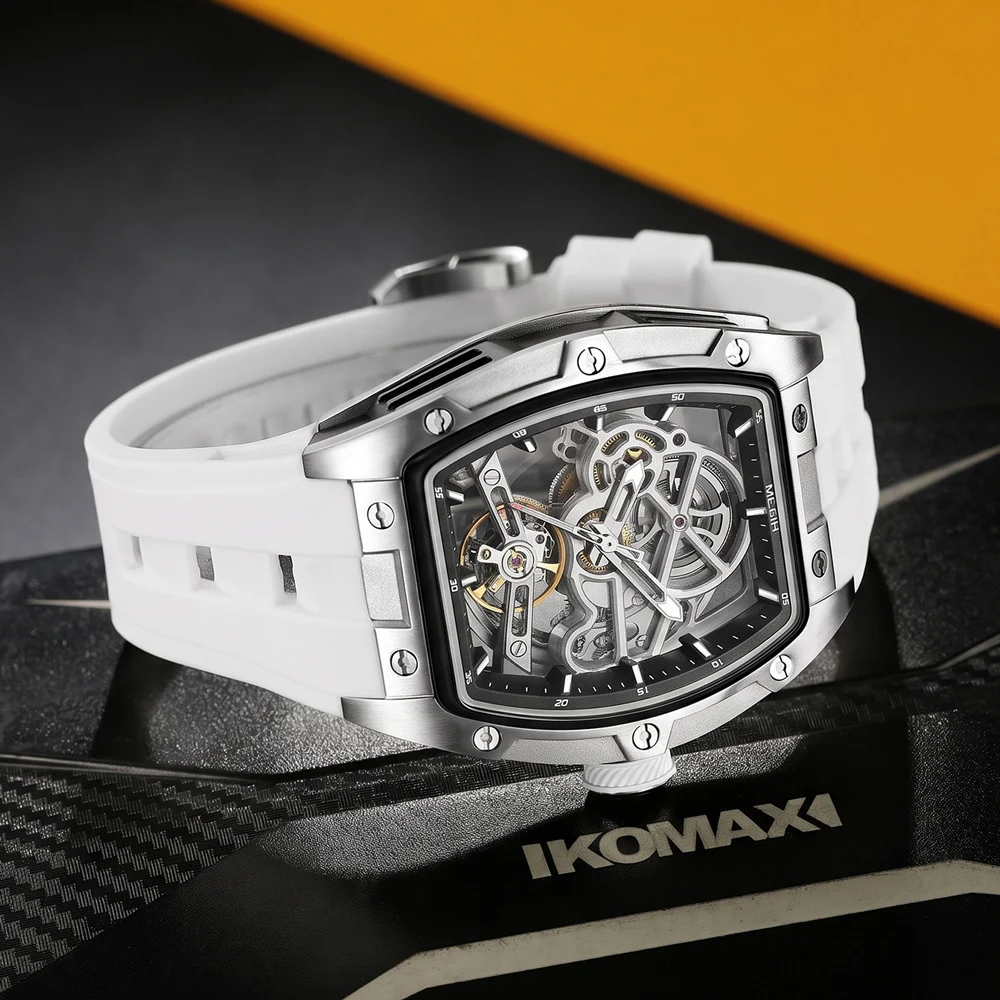 Reloj Mecánico MEGIR Tonneau Skeleton para Hombre, Reloj de Pulsera Deportivo con Correa de Silicona, Esfera Hueca de Lujo, Relojes Mecánicos Automáticos para Hombre