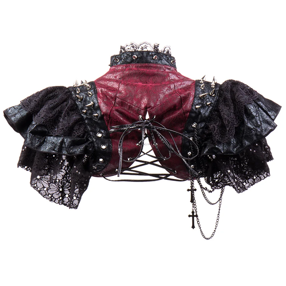 Chaqueta Vintage de cuero rojo y negro para mujer, remaches de encaje, cadenas y2k, disfraz Steampunk, ropa gótica, abrigo Rock Rave, ropa de calle fresca