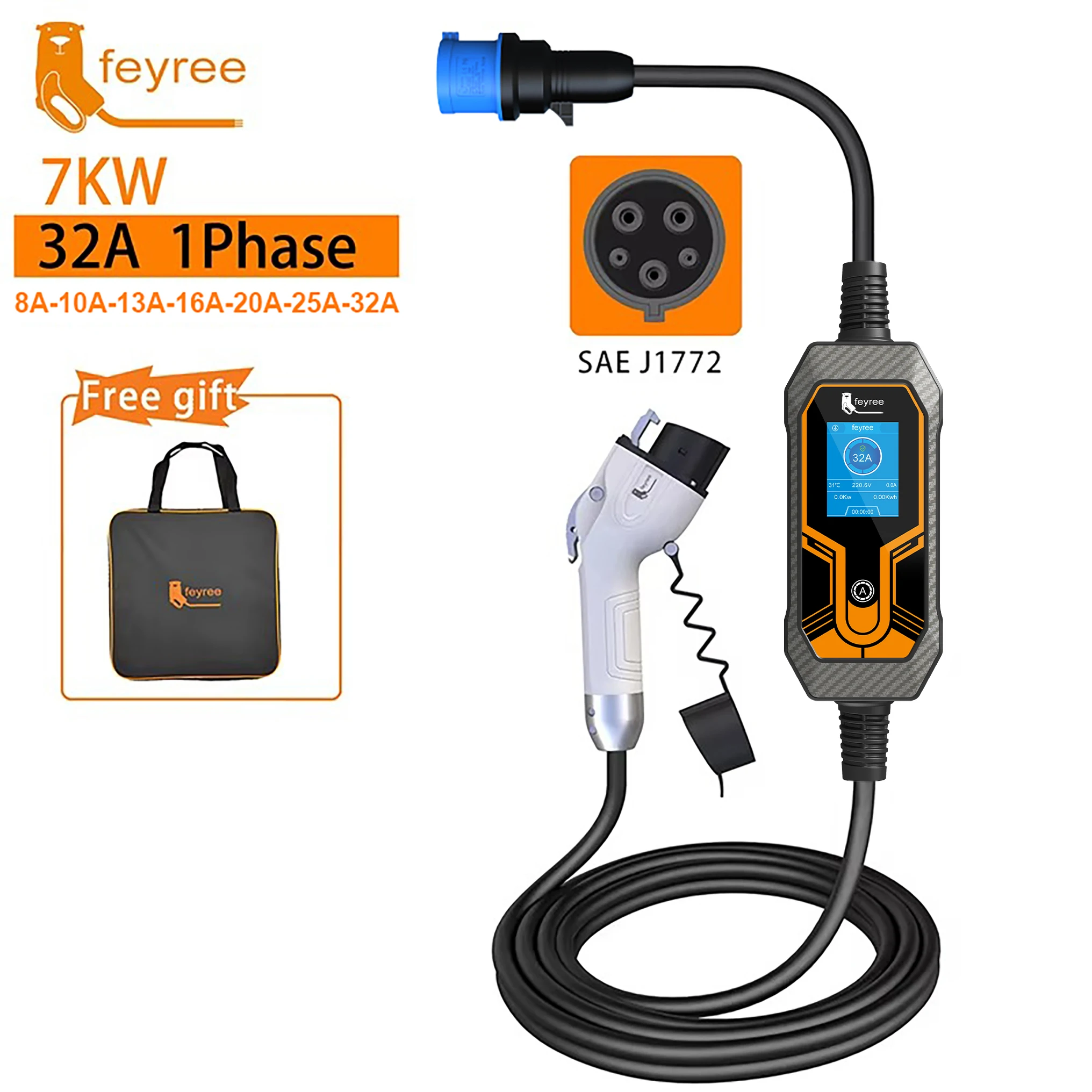 Cargador Portátil para Vehículos Eléctricos Feyree, Tipo 1 J1772, 7KW, 32A, Monofásico, con Enchufe CEE, Caja de Carga EVSE para Coche Eléctrico, Cable de 5m