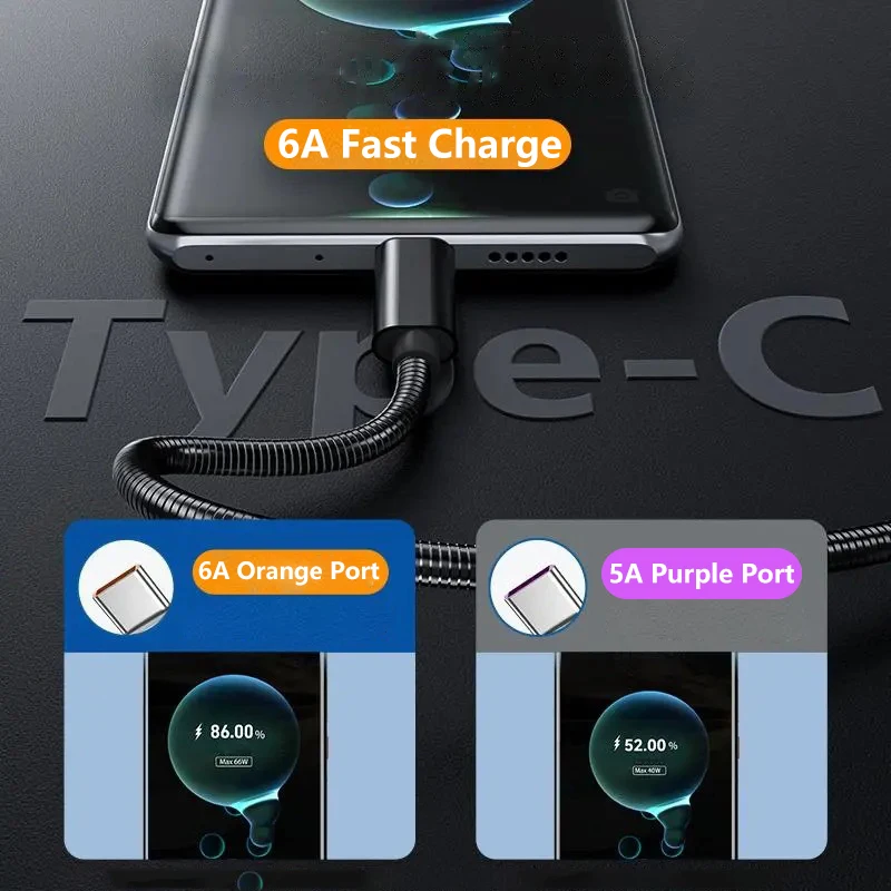 Cable de datos de carga tipo C de 66W, 6A, resorte de Metal trenzado para Xiaomi 12Pro K60 Samsung S6 S7 Huawei P40 P60, Cable USB C para teléfono Android