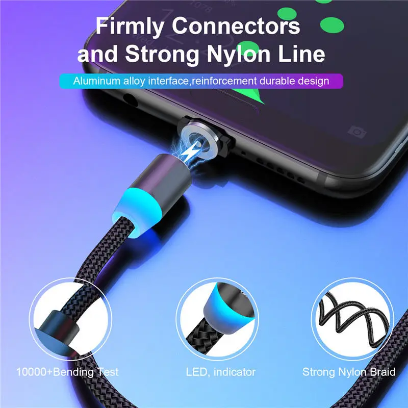 Cable USB magnético LED 2.4A para iPhone 14 13 Xiaomi Samsung tipo C Cable de carga rápida Cable Micro USB Cable