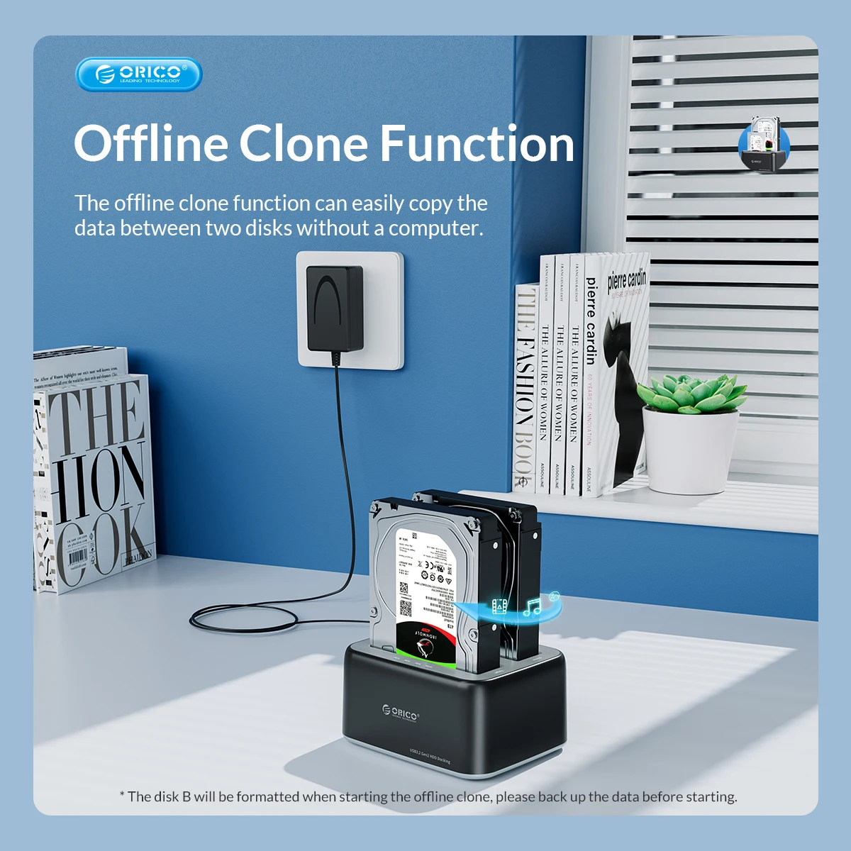 ORICO Estación de acoplamiento para disco duro 2,5/3,5 pulgadas SATA a tipo C USB3.2 10Gbps Gen2 HDD Case con fuente de alimentación clonada sin conexión 12V3A
