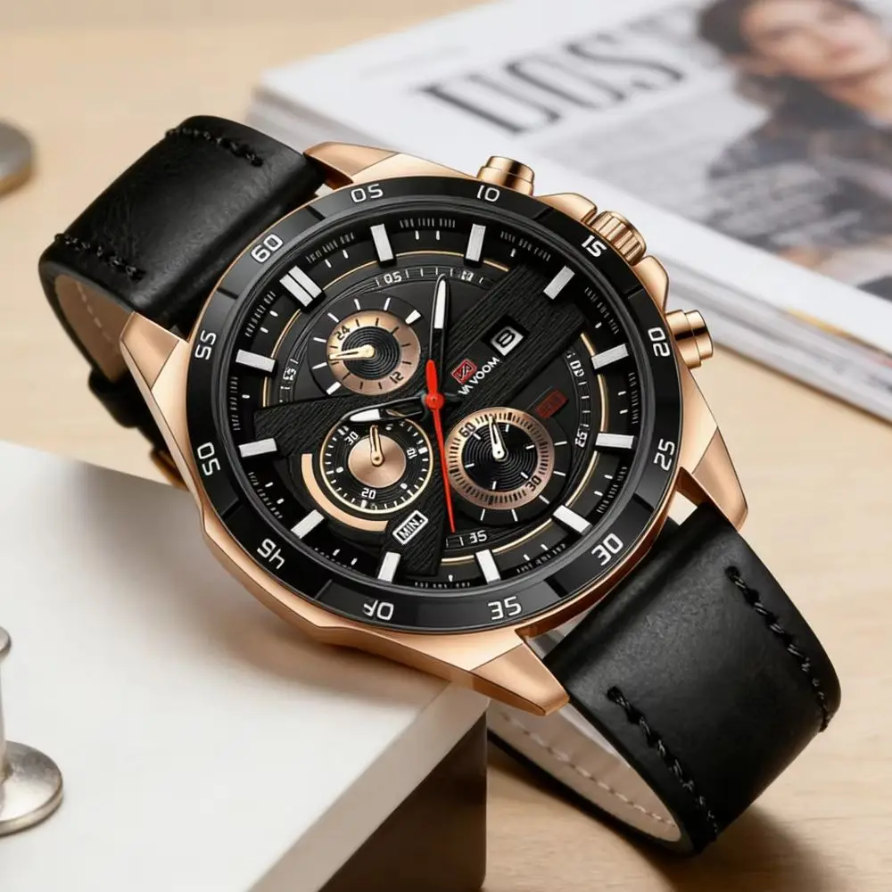 Reloj Deportivo para Hombre de 46mm, Correa de Cuero Negra, Serie Racing, Uso Diario, Reloj de Cuarzo con Esfera de Oro Rosa Original, Relogio Masculino