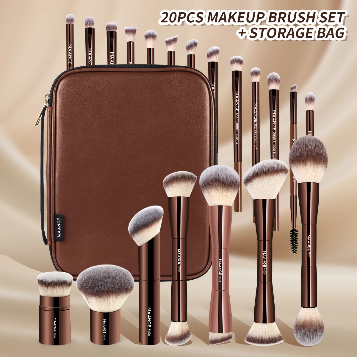 MAANGE 20 piezas pinceles de maquillaje profesionales + bolsa de almacenamiento base en polvo rubor sombra de ojos cepillo herramienta organizadora de mezcla de belleza