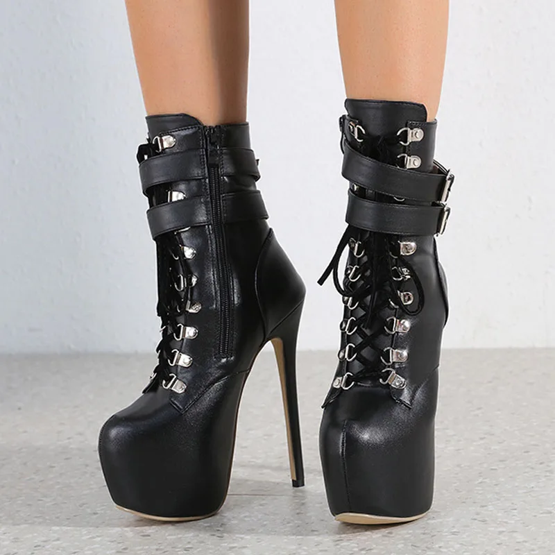 Liyke, botas sexis con plataforma y tacones extremadamente altos de 16,5 CM con correa y hebilla para mujer, zapatos de Stripper con cordones cruzados y punta redonda para fiesta y Club