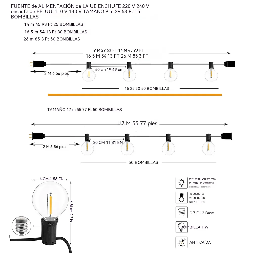 Guirnalda de luces LED para exteriores G40, guirnalda de fiesta, bombillas de globo regulables, lámpara de hadas para calle, Patio, jardín, Camping, decoración de terraza