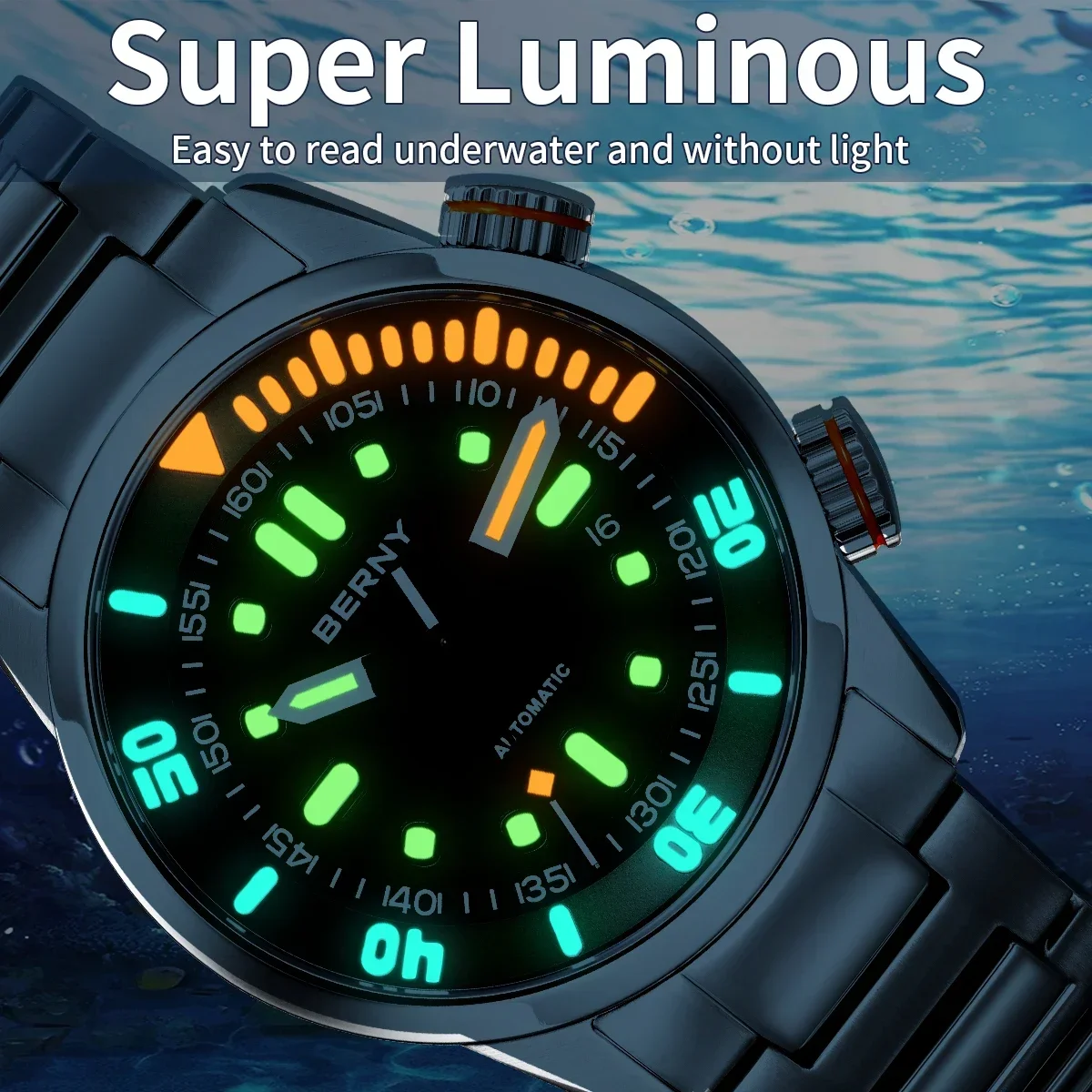 Reloj de buceo automático BERNY para hombre, reloj de pulsera superluminoso de 20 ATM, reloj mecánico deportivo de zafiro original para hombre