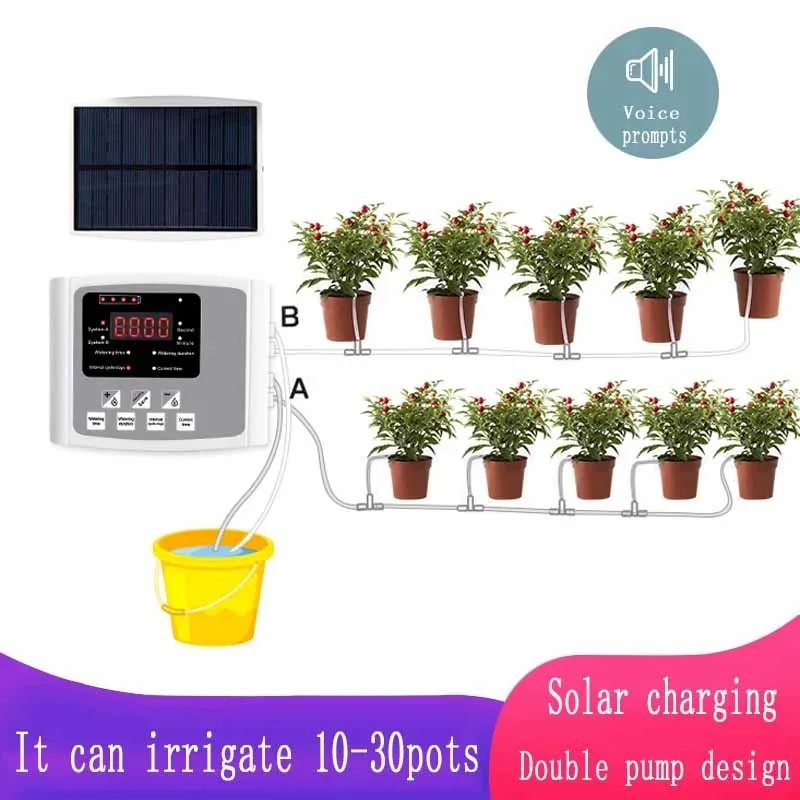 Dispositivo de riego por goteo para jardín, sistema de temporizador con controlador de doble bomba, dispositivo de riego automático inteligente de energía Solar para plantas