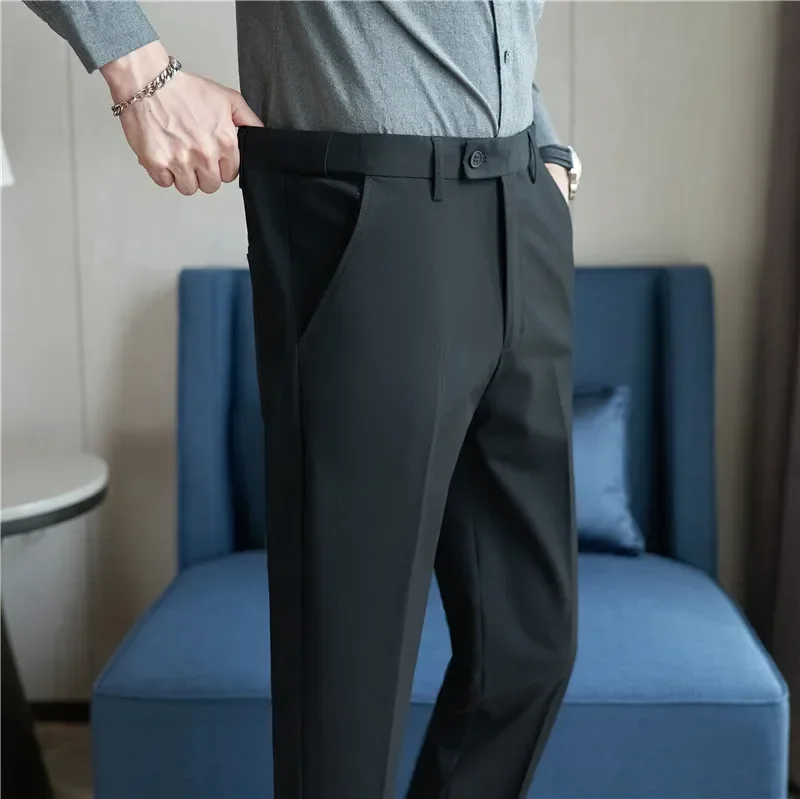 Pantalón de traje para hombre, pantalones de vestir ajustados lisos con cintura elástica de otoño, pantalones sociales informales de negocios para oficina, ropa de talla grande 40 38 para hombre