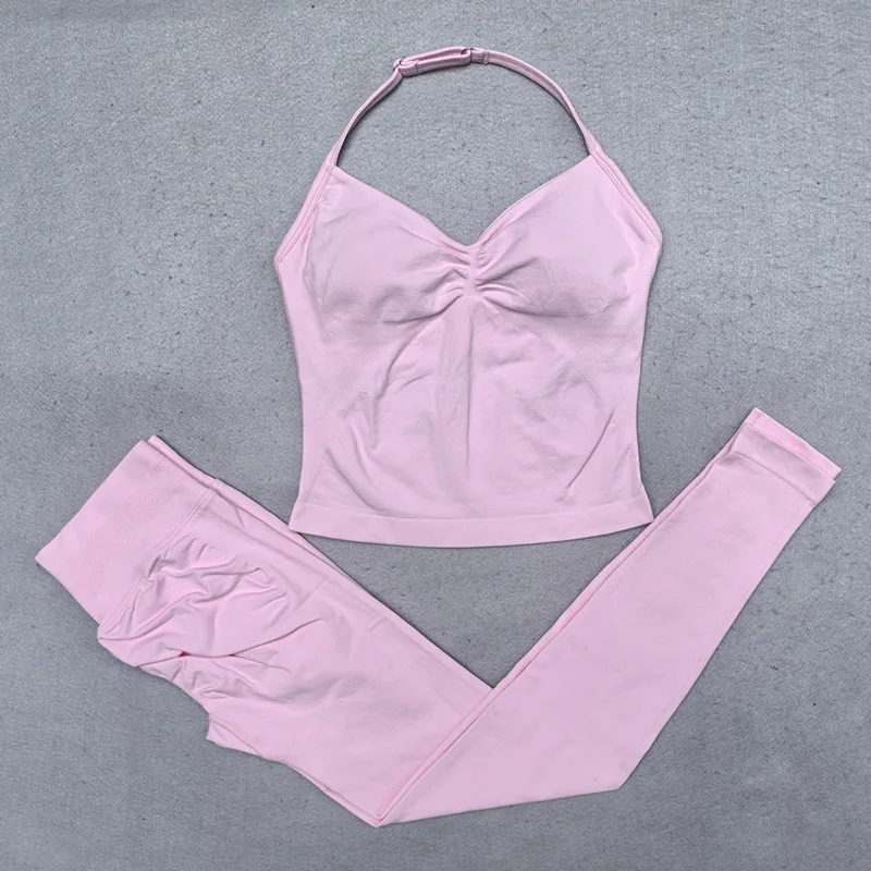 Conjunto de Yoga sin costuras para mujer, 2 uds., camiseta sin mangas acolchada con cuello Halter, mallas de gimnasio para levantamiento de glúteos, ropa deportiva para mujer, ropa de entrenamiento