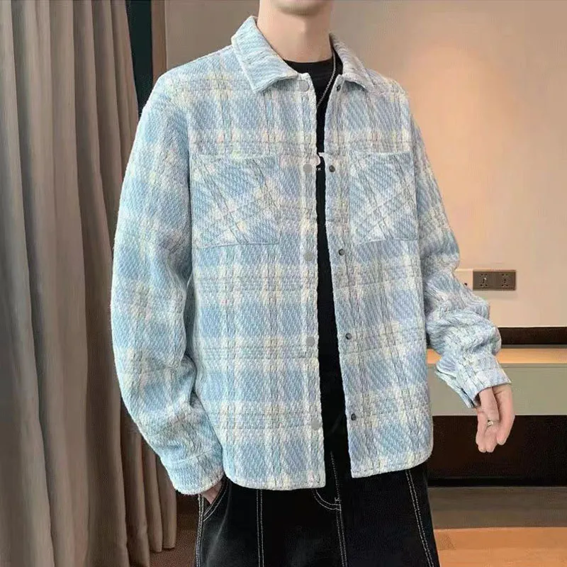 Chaqueta sin cuello ajustada de tweed de lana para primavera/otoño/invierno para hombre con diseño de franjas de diferente color para un look juvenil