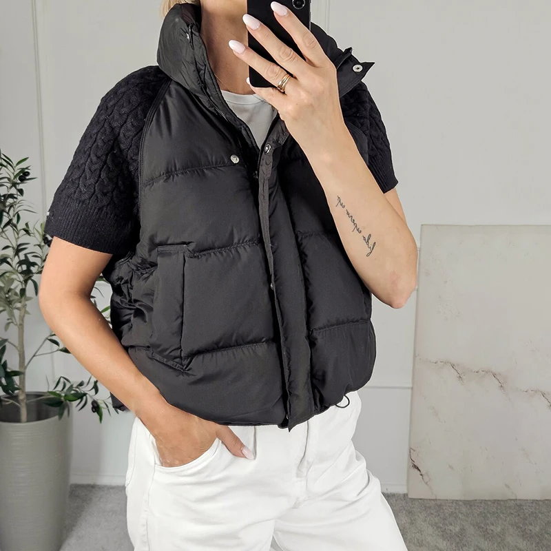 Chaleco Acolchado de Punto para Mujer, Cuello Alto, Sin Mangas, con Cierre, Corto, Holgado, para Usar en Capas, Ropa Exterior, Chaqueta Cálida de Invierno para Damas 2026