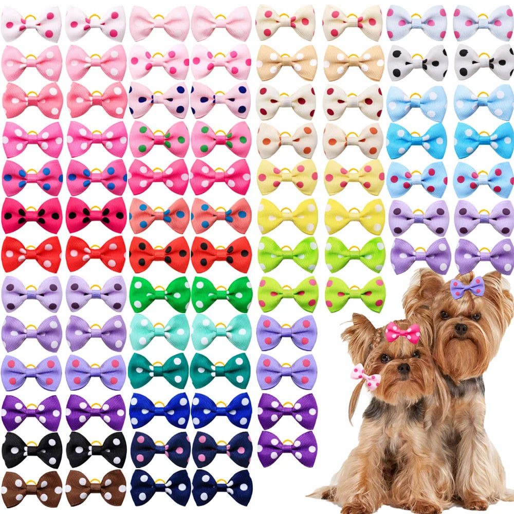 100 Uds nuevos lazos para perros con bandas de goma estilo de lunares sólidos lazos para cachorros hechos a mano suministros para el cabello accesorios de aseo para mascotas para perros
