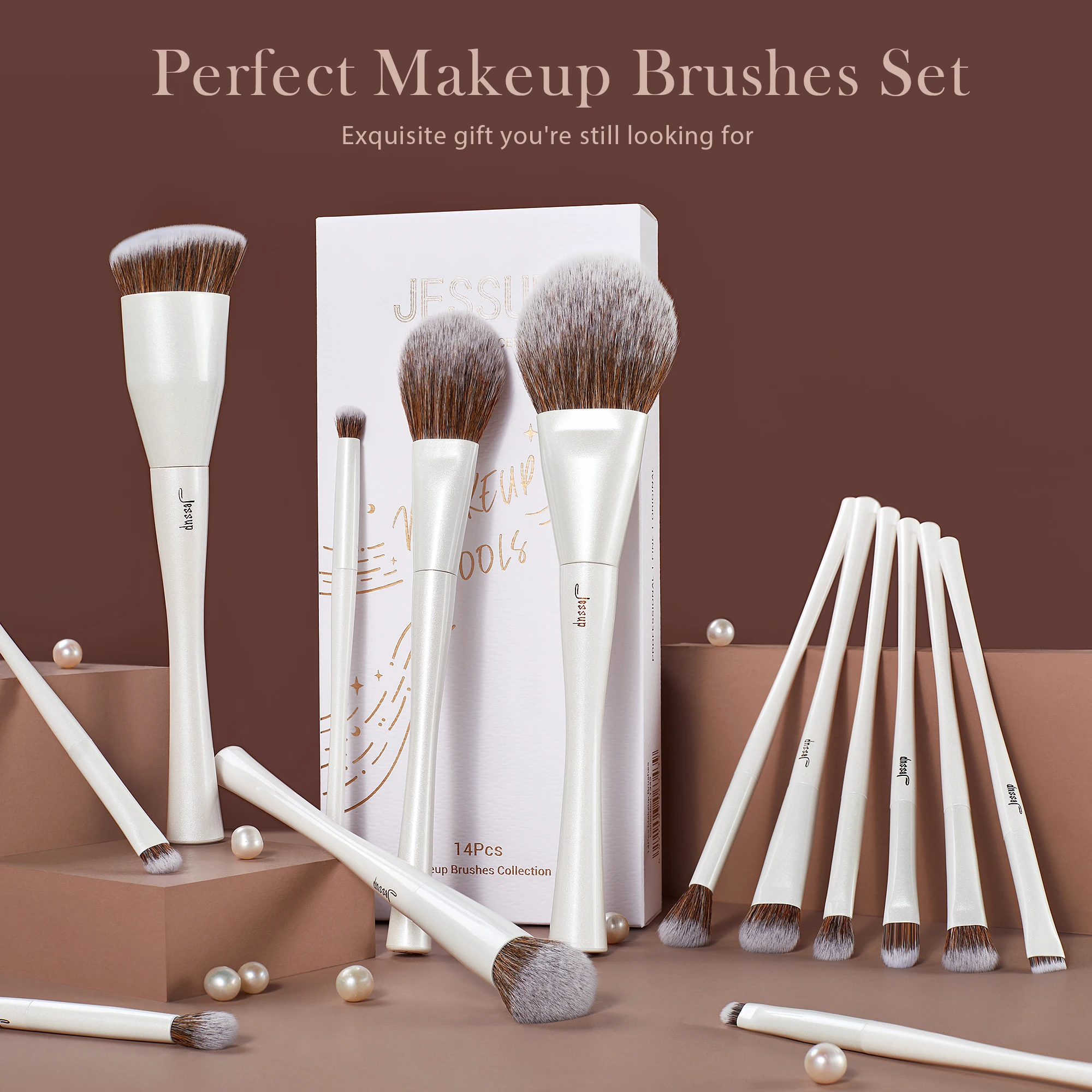 Jessup Juego de brochas de maquillaje, 4-14 brochas de maquillaje, base sintética premium, corrector en polvo, sombra de ojos, brocha para mezclar T343