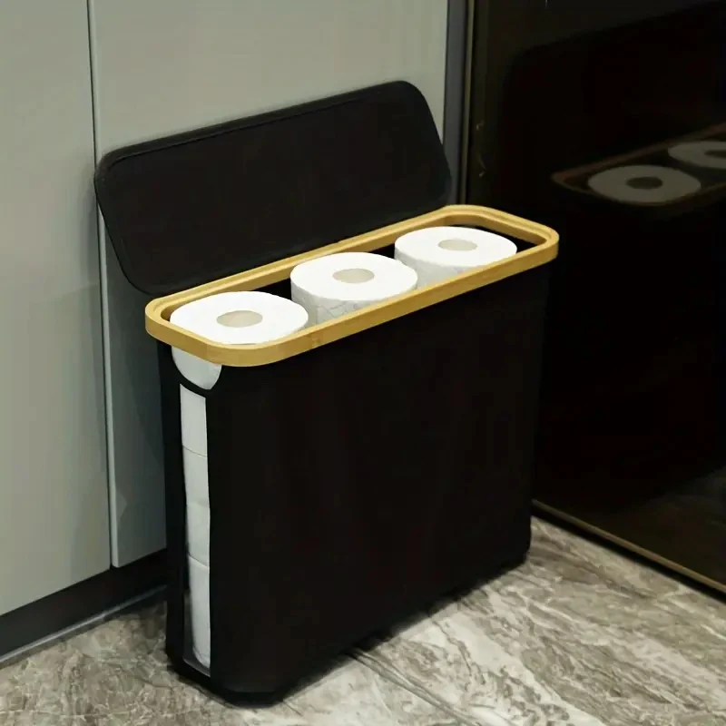 1 cesta de almacenamiento, estante de almacenamiento, soporte de papel grande, 12 rollos de papel higiénico, estante de almacenamiento con tapa, tela Oxford + almacenamiento de bambú