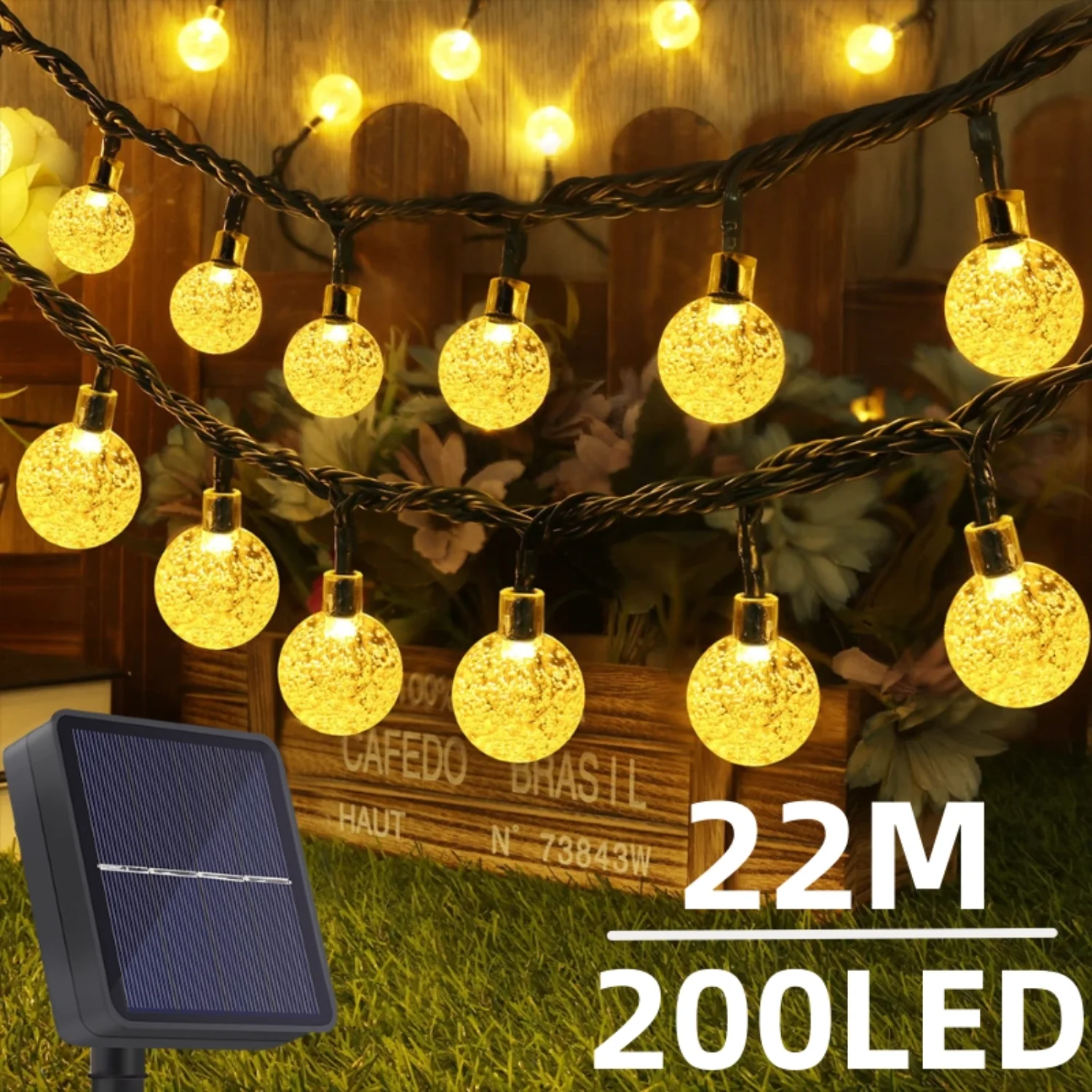 Guirnalda de luces solares para exteriores, 200 Led, globo de cristal, resistente al agua, luz de hadas para jardín, Navidad, decoración al aire libre