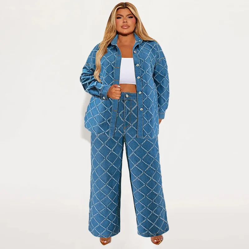 Wmstar-Conjunto de dos piezas de mezclilla de talla grande para mujer, ropa de otoño, Tops estampados de manga larga, pantalones, nuevos trajes a juego, venta al por mayor, Dropshopping