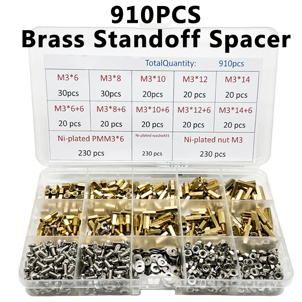 1 Juego de 910 Uds. Kit espaciador de latón 230 Uds PMM3 + 230 Uds NutM3 + WasheM3 tornillos espaciadores de latón de cabeza hexagonal rosca M3 Pilar PCB