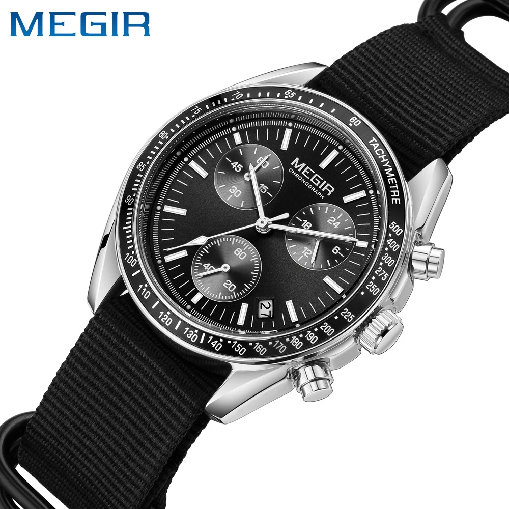Relojes MEGIR con cronógrafo de cuarzo, reloj de pulsera deportivo resistente al agua para hombre con correa de nailon a la moda, punteros luminosos con fecha, regalo para hombre