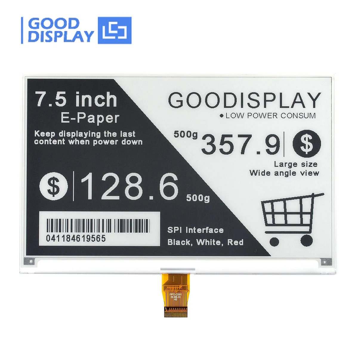 GooDisplay Módulo de Pantalla de Papel Electrónico de 7.5 Pulgadas, Pantalla de Tinta Electrónica de 4 Tonos de Gris, Resolución 800x480, Actualización Rápida de 1.5s, SPI GDEY075T7
