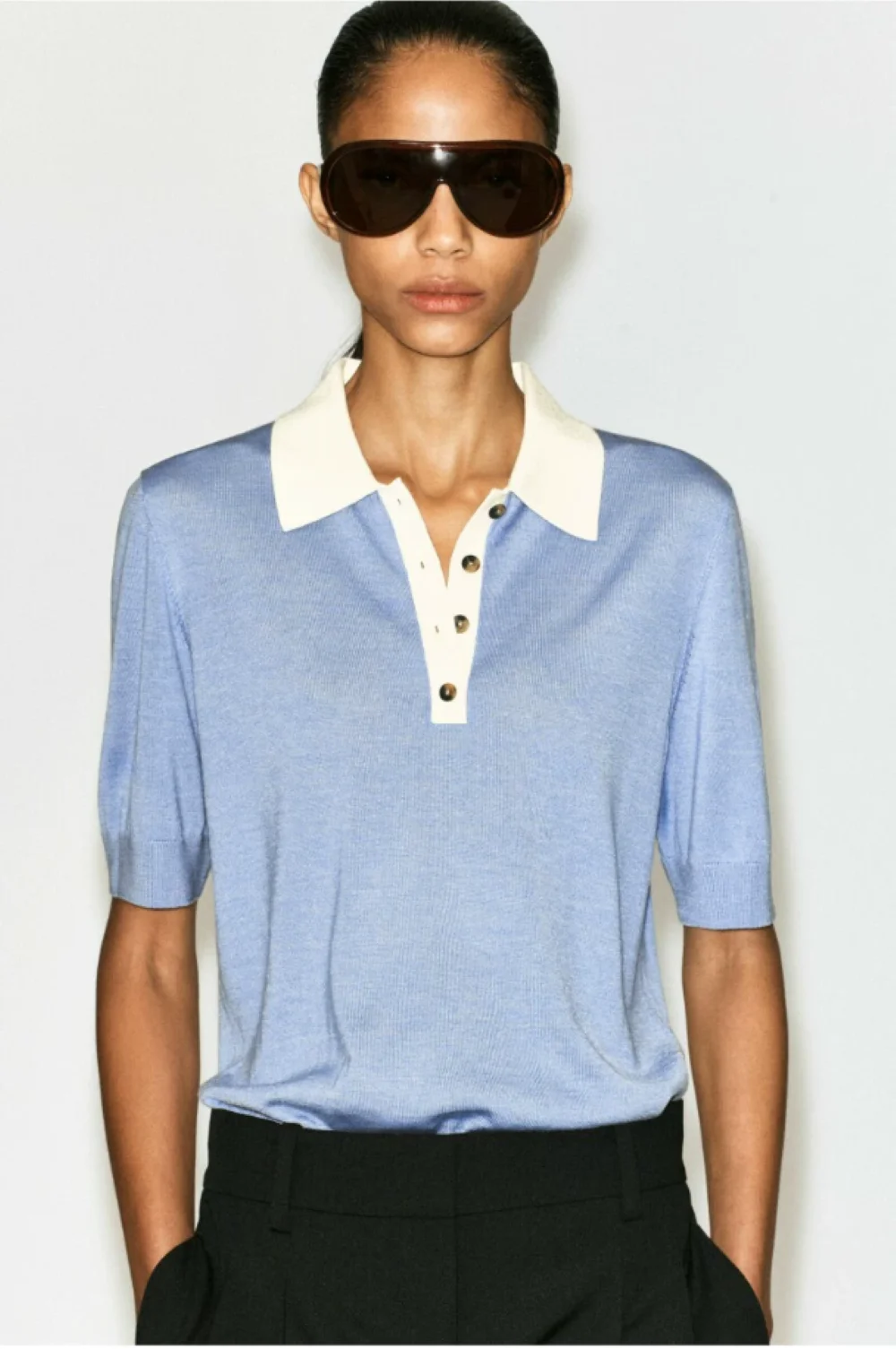 XIMIAN APPAREL 2026 traf cos Otoño Nuevo Estilo de Camiseta Polo de Punto Azul para Mujer - Top de Estilo Sencillo