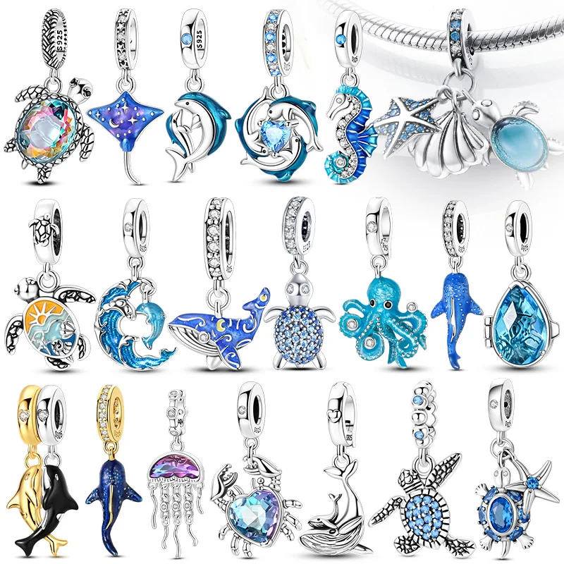 Colgante de Plata 925 con Dijes de Estrella de Mar, Tortuga Marina, Tiburón Ballena y Océano Azul de Verano, Compatible con Pulseras, para la Creación de Joyería Fina de Moda