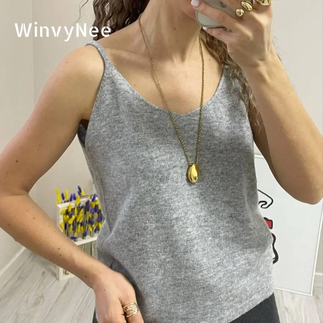WinvyNee-Chaleco de lana para mujer, Tops Y2k lisos con cuello de pico, chaleco suave y cálido, ropa interior sin mangas para niña, Tops de calle para invierno C1003013A