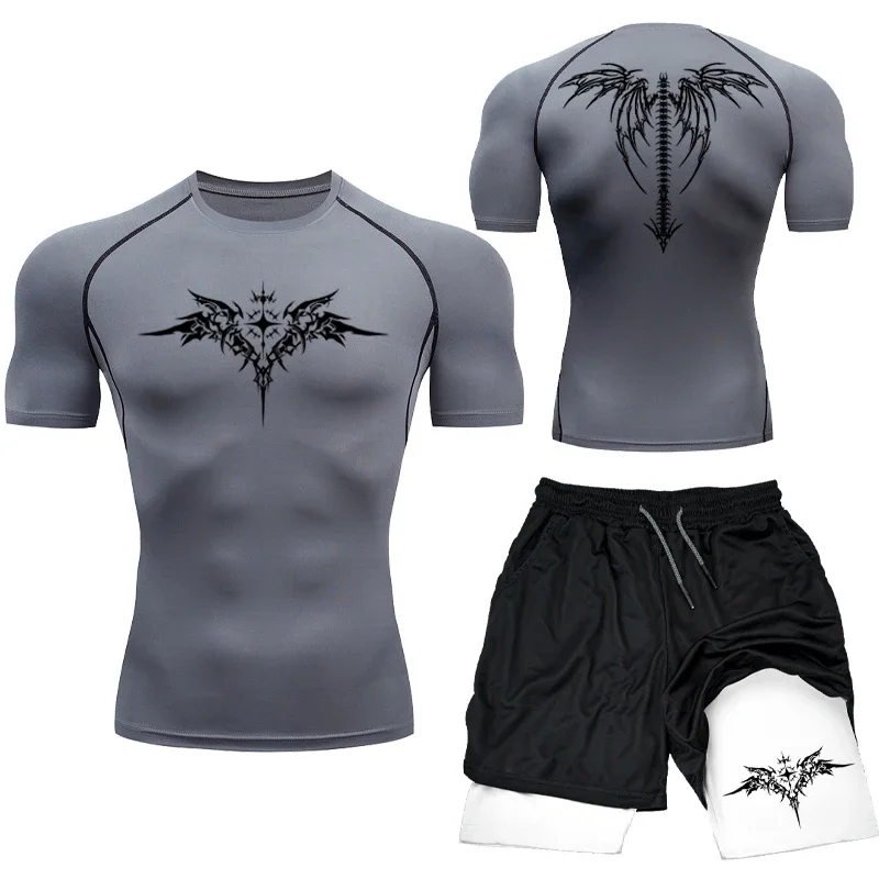 Nuevo conjunto de compresión de boxeo MMA, ropa deportiva para hombres, pantalones cortos de gimnasio de secado rápido, camiseta para correr, entrenamiento, traje deportivo ajustado Rashguard, 2 uds.
