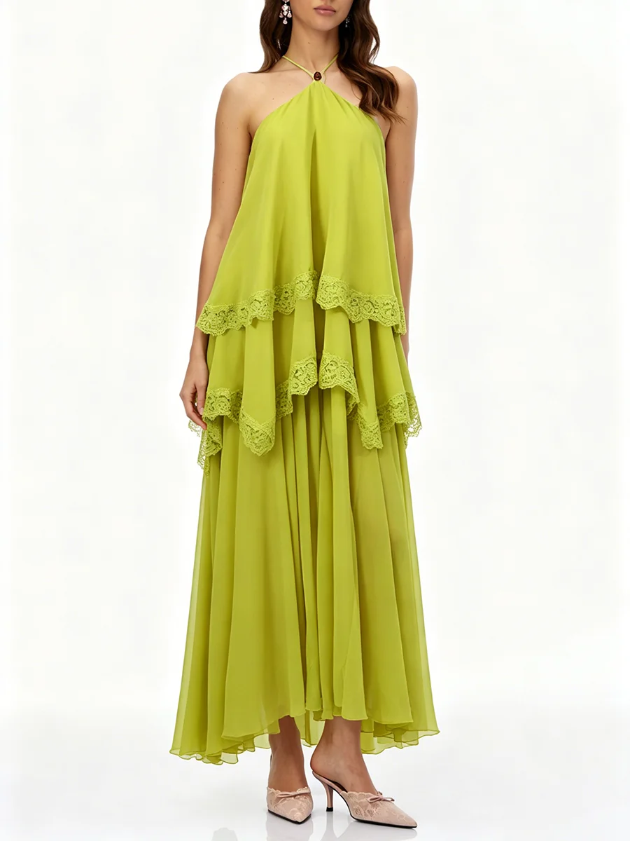TWOTWINSTYLE Vestido Holgado con Encaje y Parches para Mujer, Cuello Halter, Sin Mangas, con Volantes y Pliegues, Elegante, Nuevo