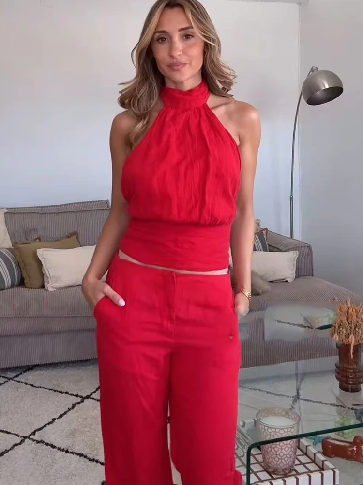 Conjunto de Top Rojo con Volantes para Mujer TFMLN, Top Halter sin Espalda y sin Mangas, Pantalones Rectos de Cintura Alta, Atuendo Chic, Sexy y a la Moda
