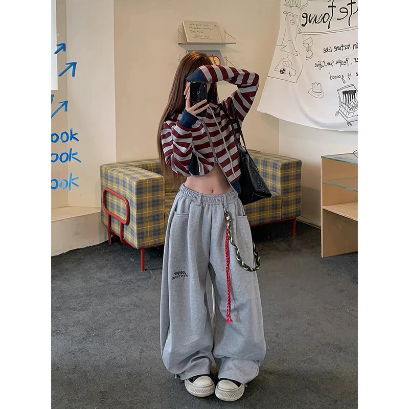 YIBASHU, pantalones deportivos grises Retro americanos para mujer, Otoño Invierno, calle alta, pantalones sueltos de baile de Jazz, pantalones de pierna ancha, pantalones casuales de tendencia