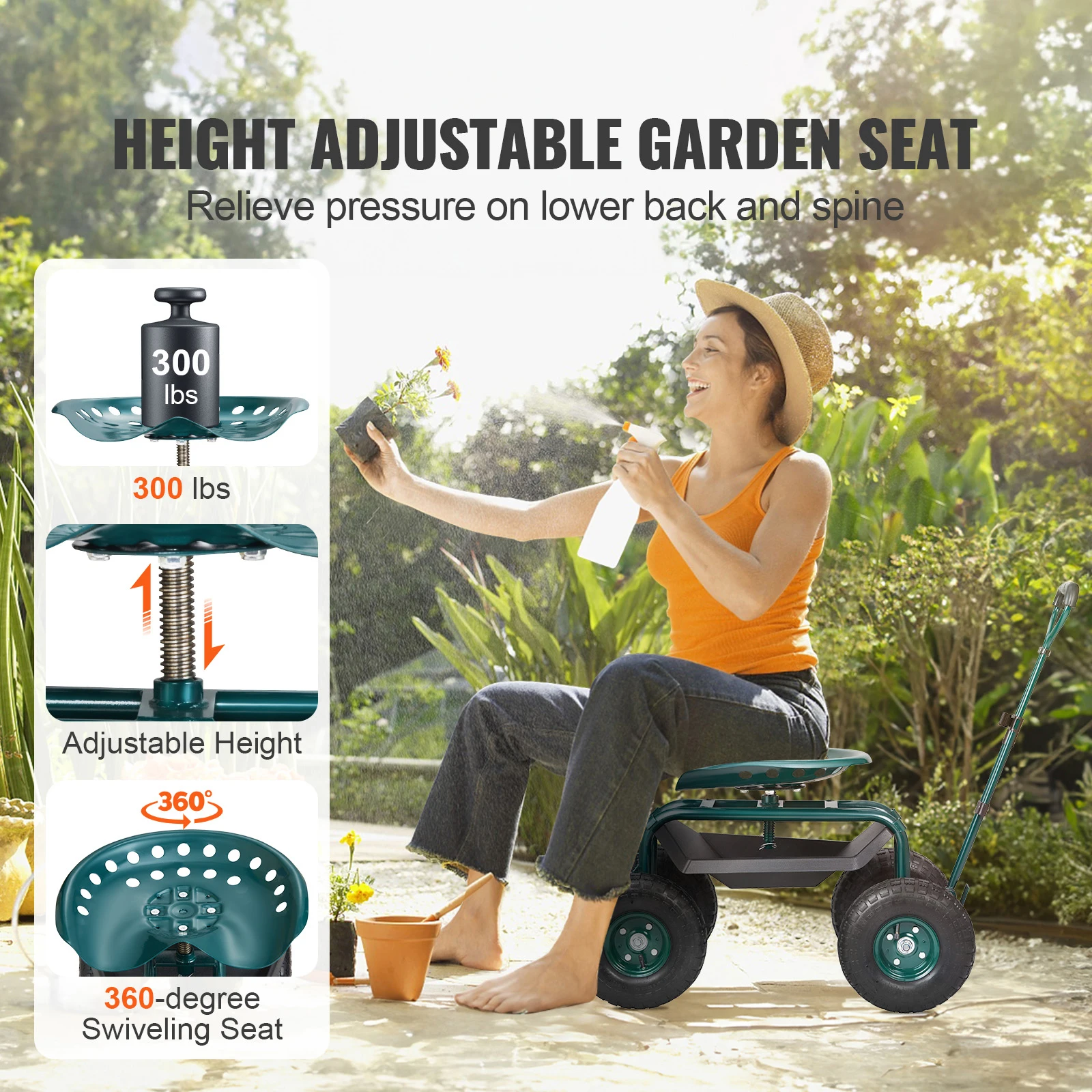 SucceBuy Carro de jardín Asiento de trabajo con ruedas Taburete de jardinería para plantar Asiento giratorio de 360 grados Carro Scooter con dirección