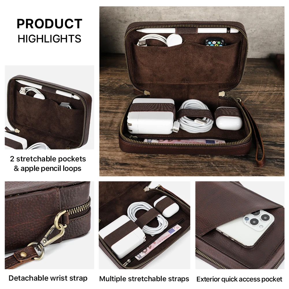 Bolsa de almacenamiento de Cable de datos USB portátil de cuero genuino, estuche para auriculares, accesorios electrónicos, Gadgets, caja organizadora Digital
